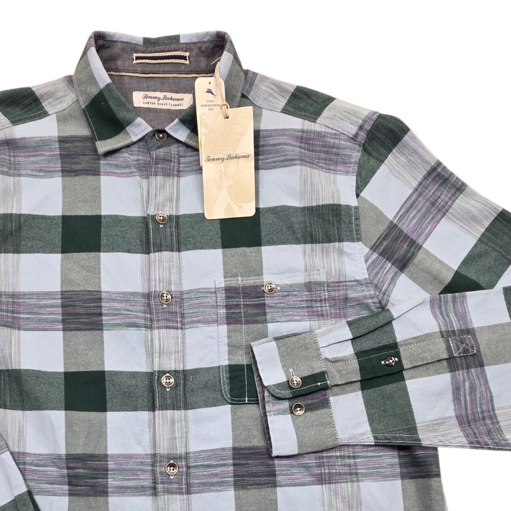 NWT Tommy Bahama Canyon Beach Flannel Shirt Blue Green Plaid Mens Medium